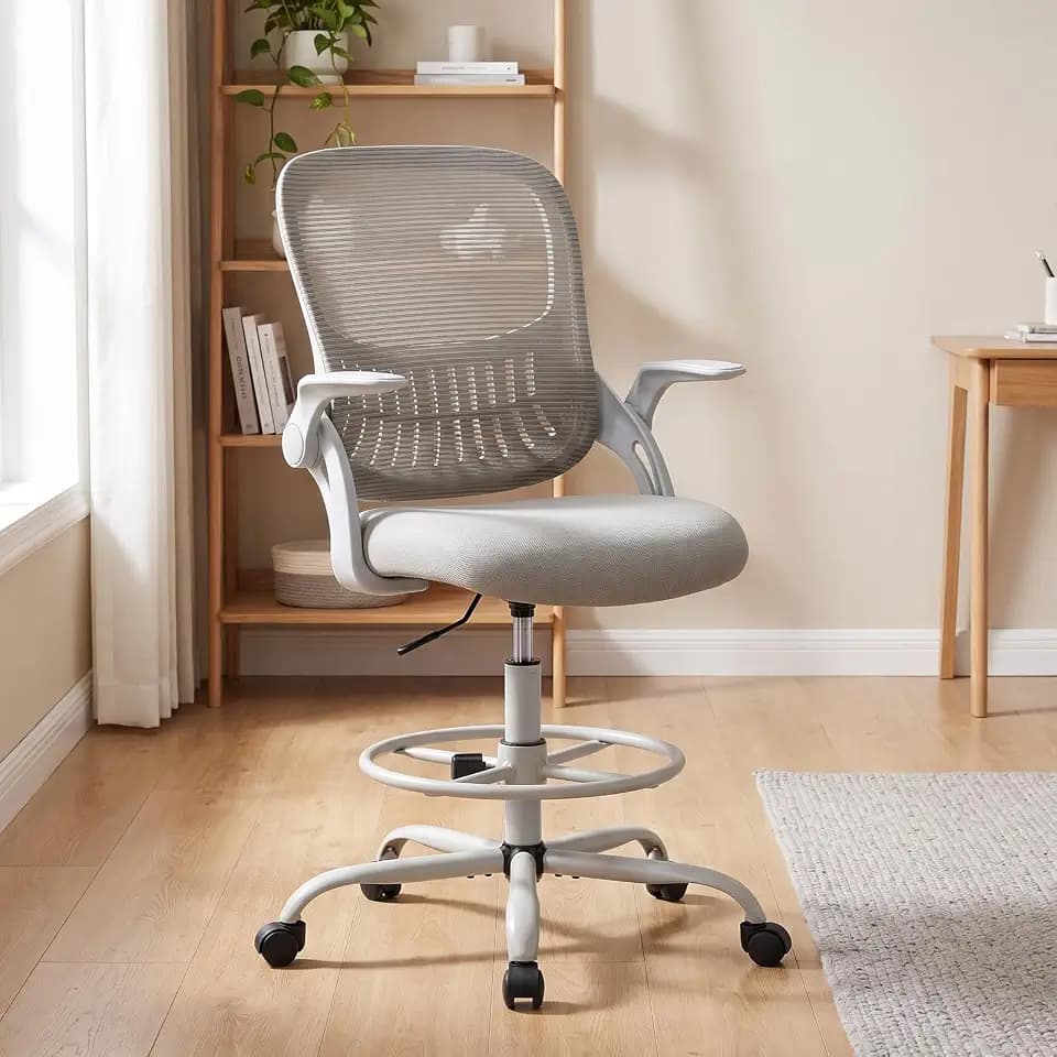 Sweetcrispy Tall Drafting Office Desk Chair - Ergonomic High Stool Computer Chair with Adjustable Height and Comfy Lumbar Support, Rolling Counter Height with Flip-up Arm and Footrest, Grey