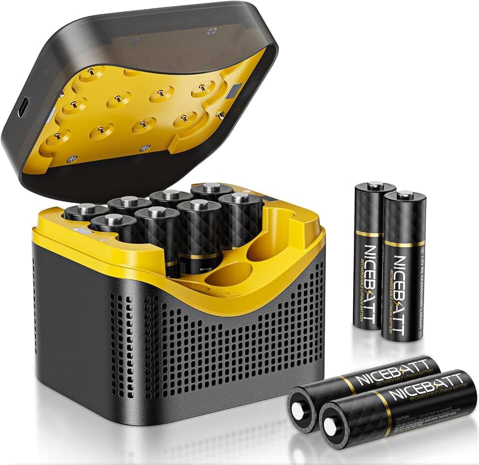 NICEBATT 12 Pack Rechargeable AA Lithium Batteries with Charger, 1.5V 3600 mWh Double A Battery Long-Lasting Power for Blink Cameras, Smart Home