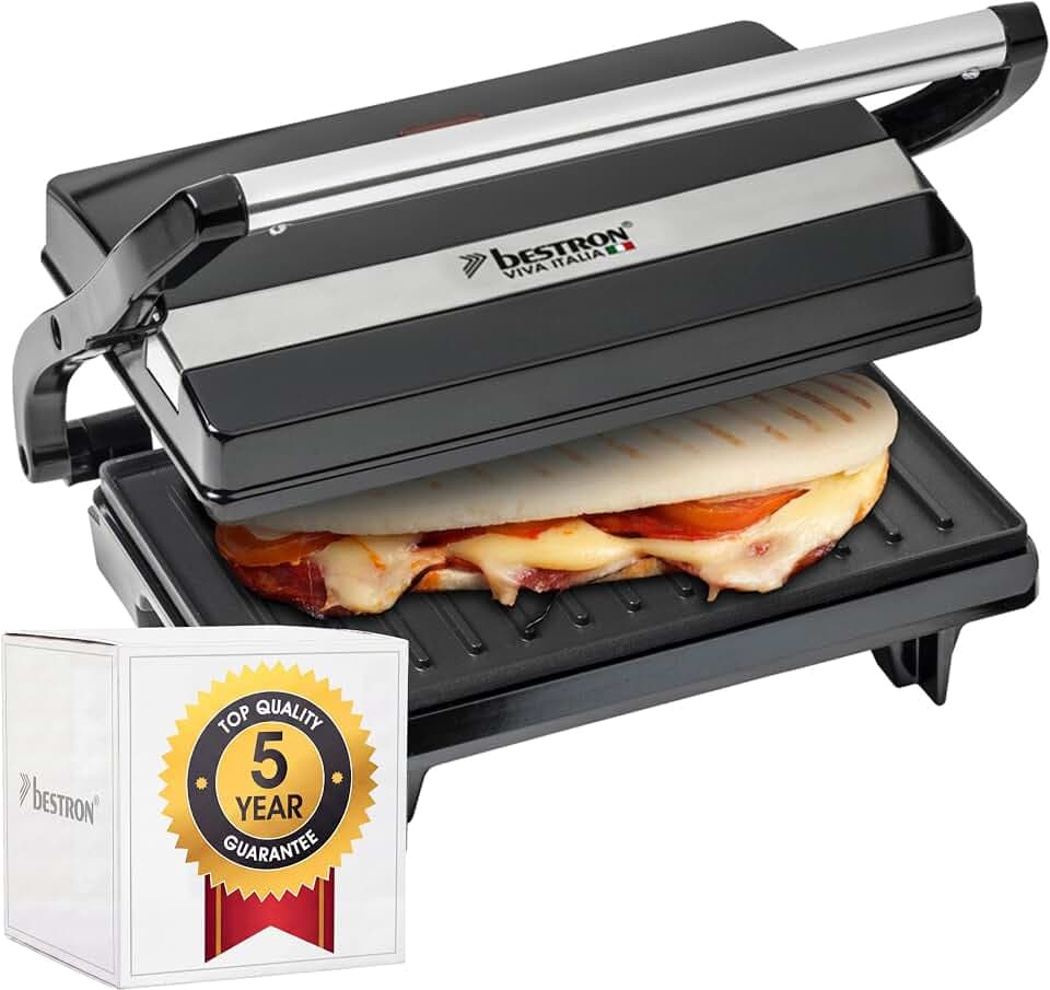 Bestron elektrischer Kontaktgrill mit Auffangschale, Sandwichmaker mit Cool-Touch-Handgriff, Paninimaker mit Antihaftbeschichtung, 700 Watt, APM123Z, Farbe: Schwarz, 22,5 x 14 cm