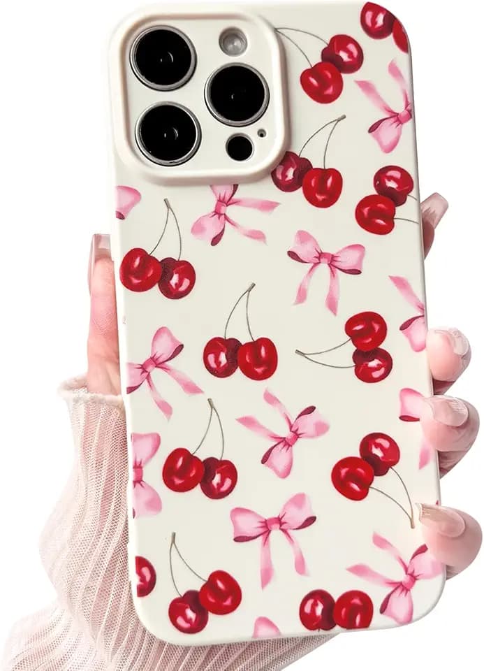 NITITOP Compatible with iPhone 16 Pro Case Cute Cherry Bow Ribbon Design for Women Girls Soft TPU Fit Slim Stylish Full Camera Protection Phone Cover - White
