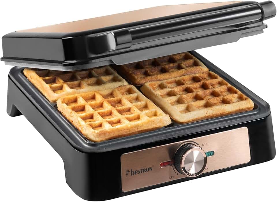 Bestron Waffeleisen für Belgische Waffeln, Belgisches Waffeleisen für 4 Waffeln, Größe 10x10cm, Dicke: 1.5cm, stufenloses Thermostat & Backampel, geeignet für Familien oder Ostern, Farbe: Kupfer