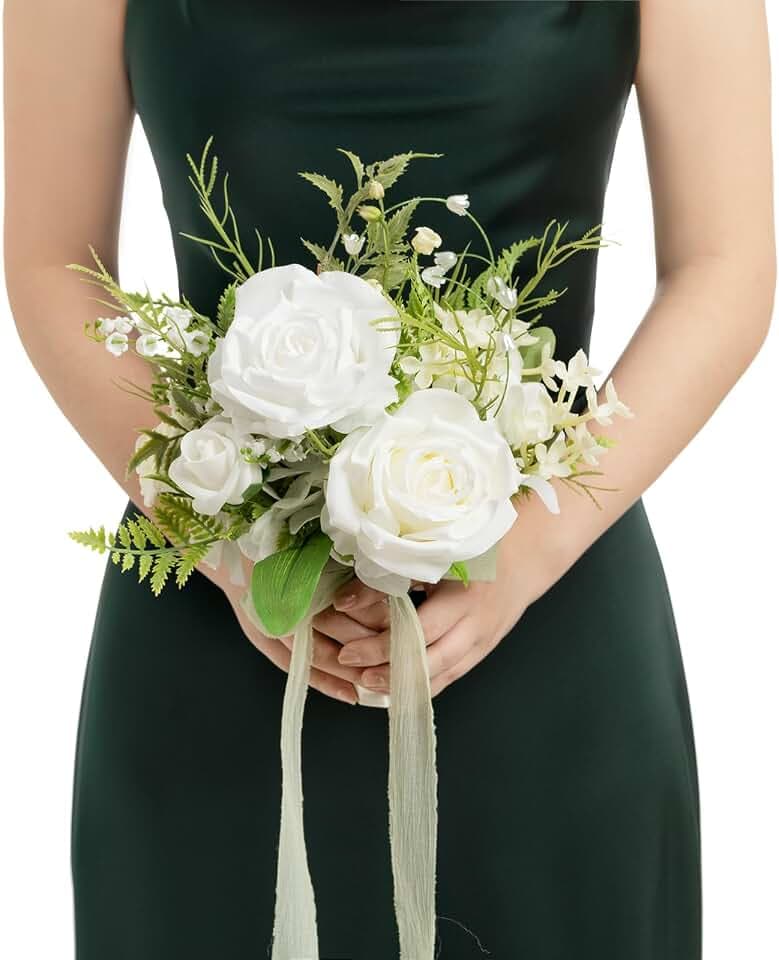 Ling's moment künstliche Blumen Weißer Brautjungfernstrauß, Maiglöckchen Weiß Hochzeitsblumensträuße für Brautjungfern, 7 Zoll Brautsträuße für Brautjungfern, Hochzeit, Zeremonie, Jubiläum, etc.