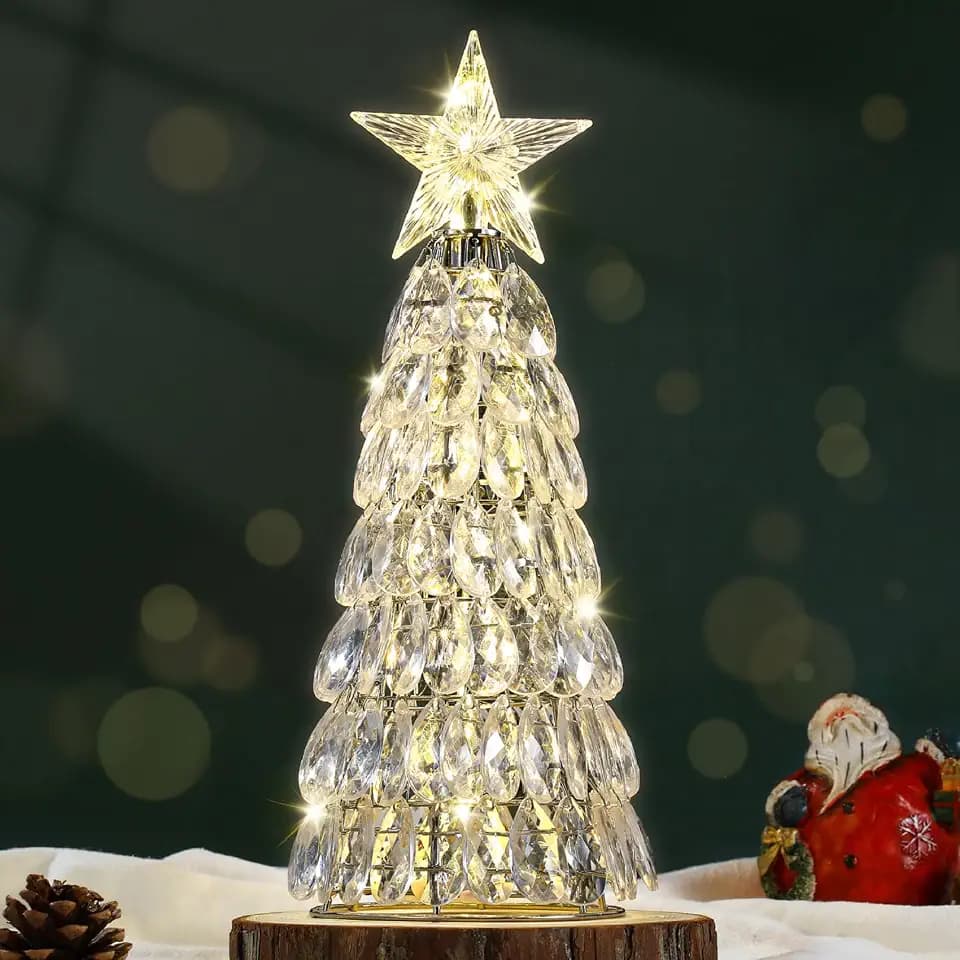 Lewondr Kristall Weihnachtsbaum Licht, Batteriebetriebenes Nachtlicht, Weihnachtliche Tischlampe, Weihnachts-Ornament & Dekoration, Klarer Kristall