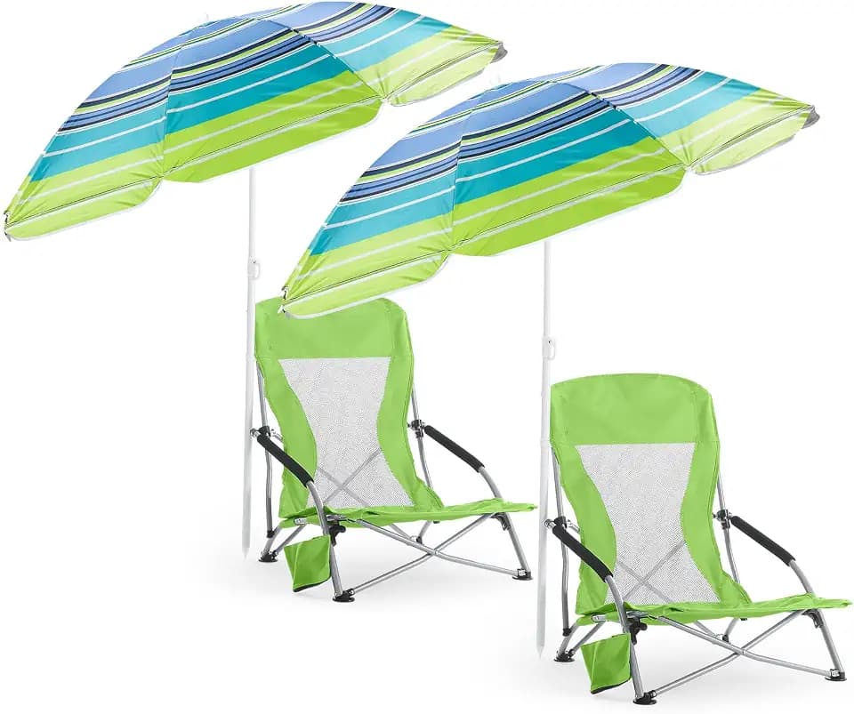 Huwena 2 Pack Beach Chairs with Umbrella for Adults, Low Folding Chair Set, Adjustable Detachable Umbrella, Lightweight Portable with Cup Holder & Carry Bag, for Beach Camping Travel(Fruit Green)
