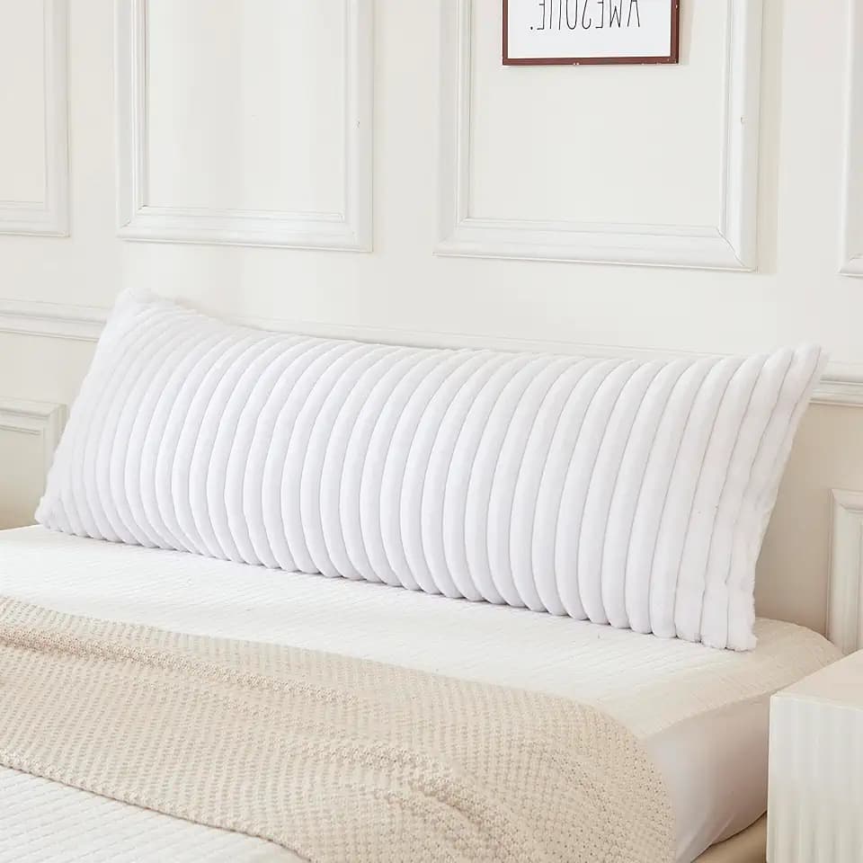 JAUXIO Faux Fur Fluffy Body Pillow Cover Luxury Textured Vertical Stripe Plush Decorative Body Pillowcase, Ultra Soft and Cozy Zipper Closure 21 x 54 Inches, White