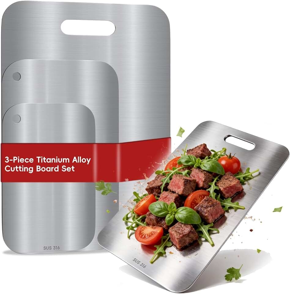 Titan Schneidebrett Edelstahl S316 Set 3 Stück Doppelseitiges Lebensmittelechtes Küchenschneidebrett, Spülmaschinenfest für Fleisch Obst Gemüse Brot Käse