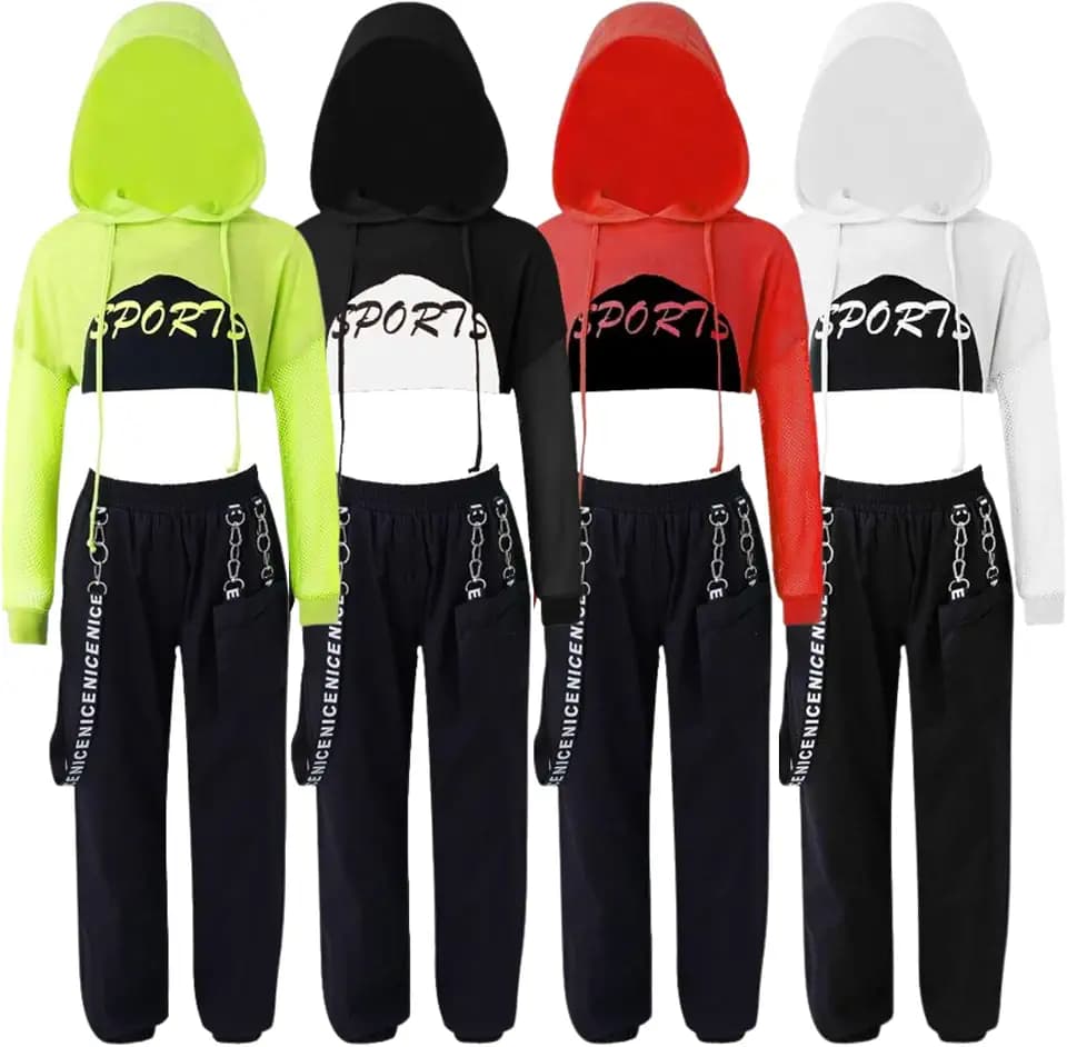 Barielle 10011 Dreiteiliges/Zweiteiliges Hip Hop Outfit für Kinder, Hoodie mit Netzärmel, Crop Top, Cargohose mit Kettendesign, bauchfreier Hoodie Tanzoutfit, 134-176