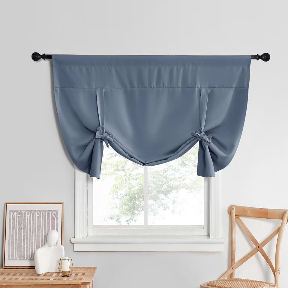 NICETOWN Thermal Insulated Blackout Curtain Adjustable Tie Up Shade Rod Pocket Window Covering Panel for Bathroom Basement, Short Curtains fr Small Window, 52 Wide by 45" Long, 1 Panel, Stone Blue