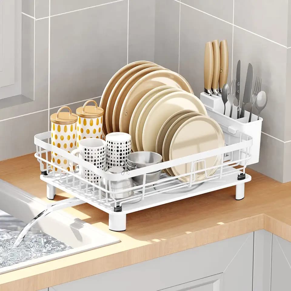 AIDERLY Metal Dish Drying Rack Automatic Drainage, White, Large