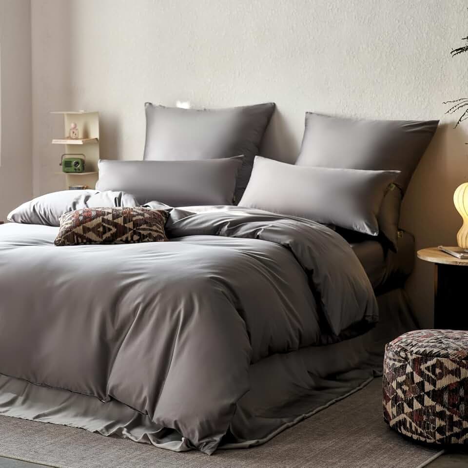 Satin Bettwäsche 200x200 Grau 3teilig Baumwolle- Grau, Allergiker geeignet, Bettwäsche-Sets mit Reißverschlüsse, Duvet Cover Set, Deckenbezug, Bettbezug + 2er Kissenbezüge 80x80