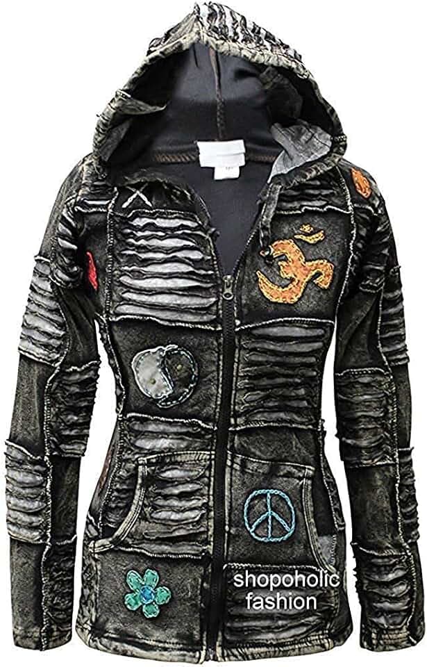 SHOPOHOLIC FASHION Damen Stonewashed Slashed Patchwork Pixie Kapuzenjacke Hippie Festival