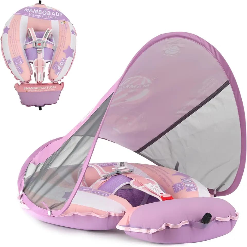 Mambobaby Float Deluxe Baby Pool Float: Safe & Comfortable Swim Trainer for Infants & Toddlers, Non-Inflatable Design, UV Protection Canopy, Fun Water Experience for Ages 3-24 Months