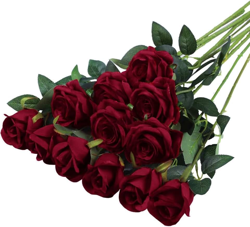 12 Stück Künstliche Rosen Seidenblumen Fake Rose 51 * 7cm Einzelne Langstielige Künstliche Rosen Realistische Kunstrosen für Brautstrauß Heiratsantrag Party Haus Garten Dekor (weinrot)