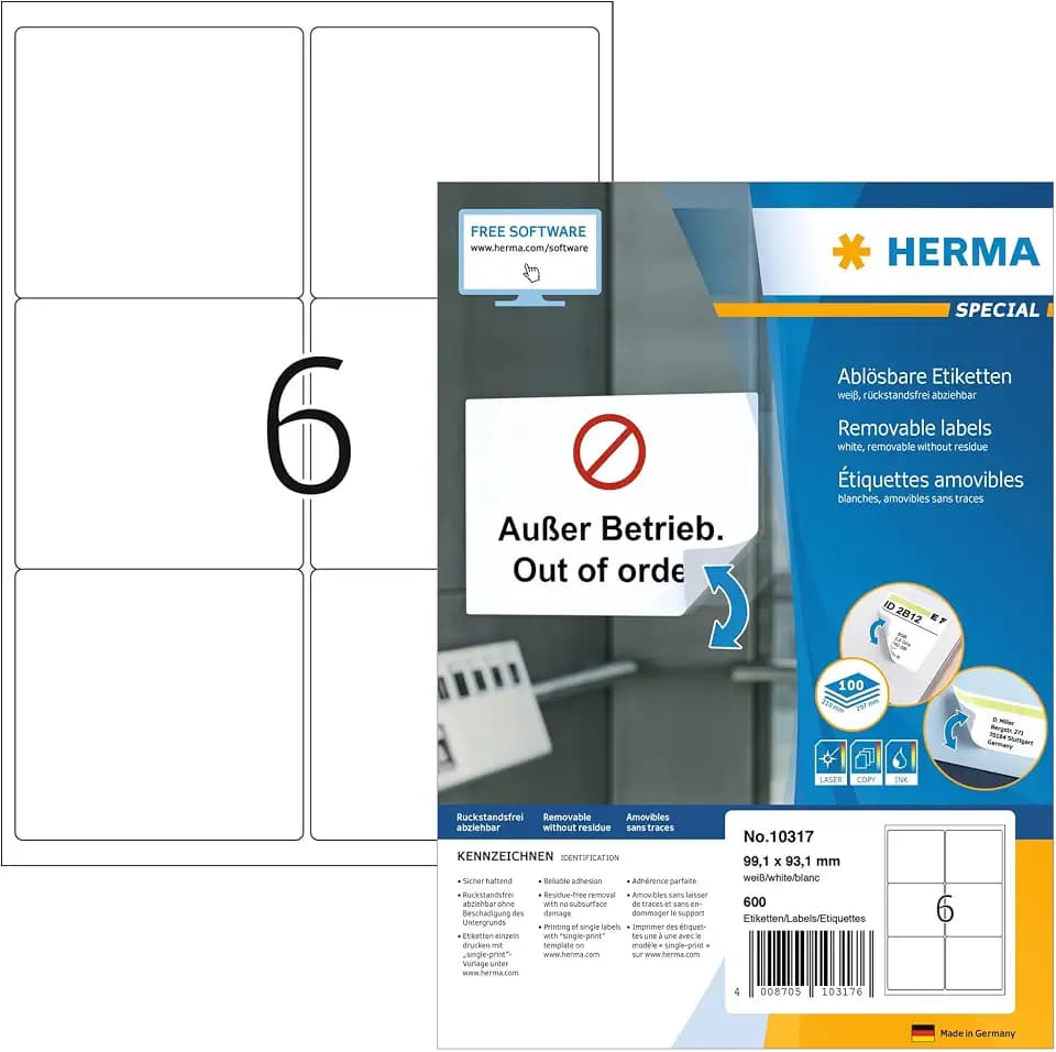 HERMA 10317 Universal Etiketten blickdicht ablösbar, 100 Blatt, 99,1 x 93,1 mm, 6 pro A4 Bogen, 600 Stück, selbstklebend, bedruckbar, matt, blanko Papier Klebeetiketten Aufkleber, weiß