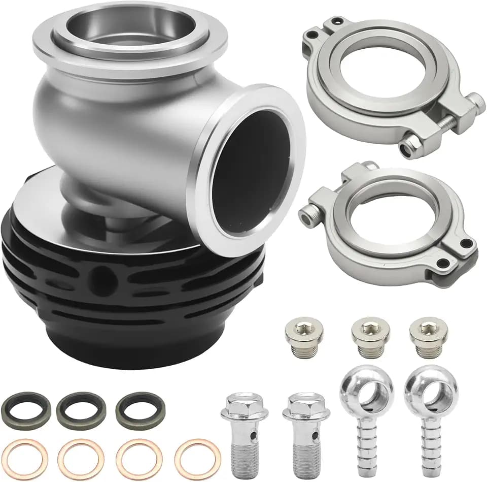 Hoypeyfiy 38mm External Wastegate, Black Turbo Pressure Relief Valve Compatible with TiAL MVS, Includes V-Band and Flanges, Dual Spring 8 PSI / 14 PSI