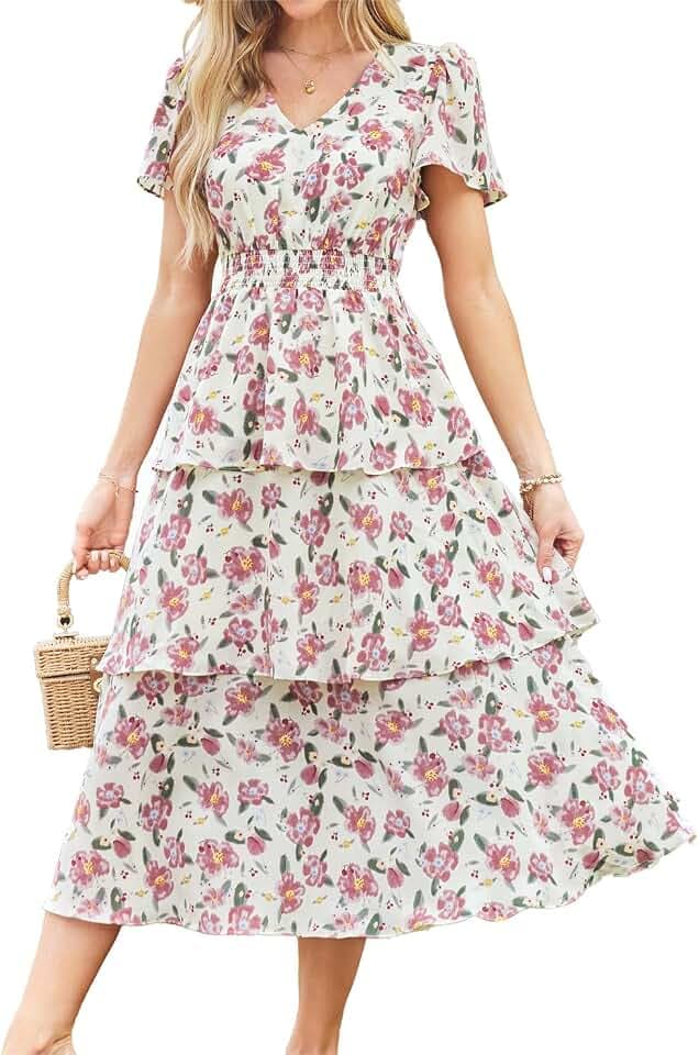 GRACE KARIN Damen Sommer V-Ausschnitt Kurzarm Blumenkleid Casual Strand Maxi Kleid Elegant A-Linie Freizeitkleid Urlaubskleid Hochzeit