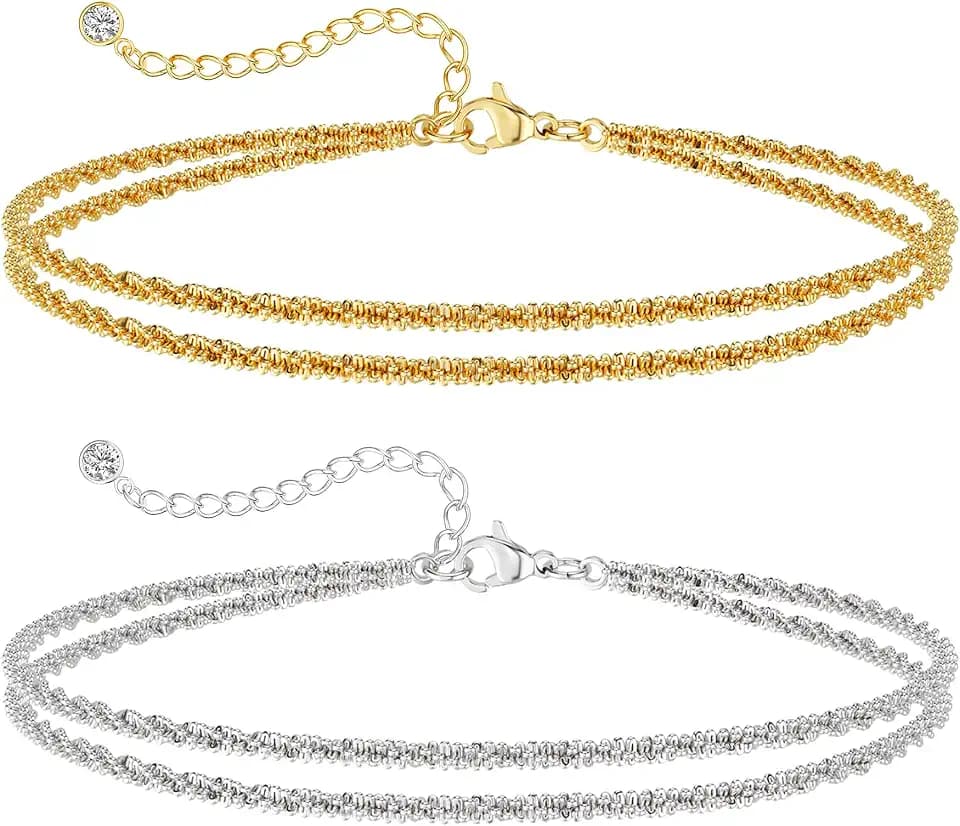 Gold/Silver Ankle Bracelets for Women,14K Gold Anklets for Women Waterproof Sparkly Chain Rhinestone Anklets Set Stackable Layered Anklet Bracelets for Women Beach Gold Jewelry Gift