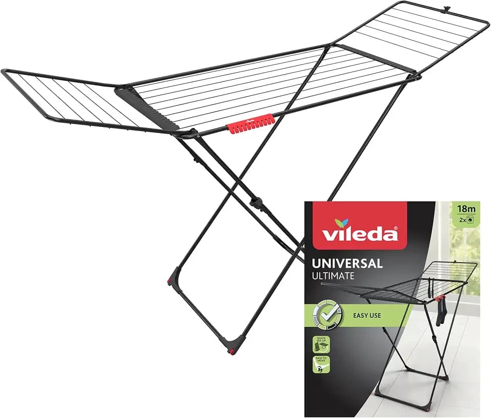 Vileda Universal Ultimate schwarzer Wäscheständer – hält 2 Waschladungen mit 18 m Trockengestell Platz mit Sockenaufhänger – Rollen für einfachen Transport – kompakter Wäschetrockner