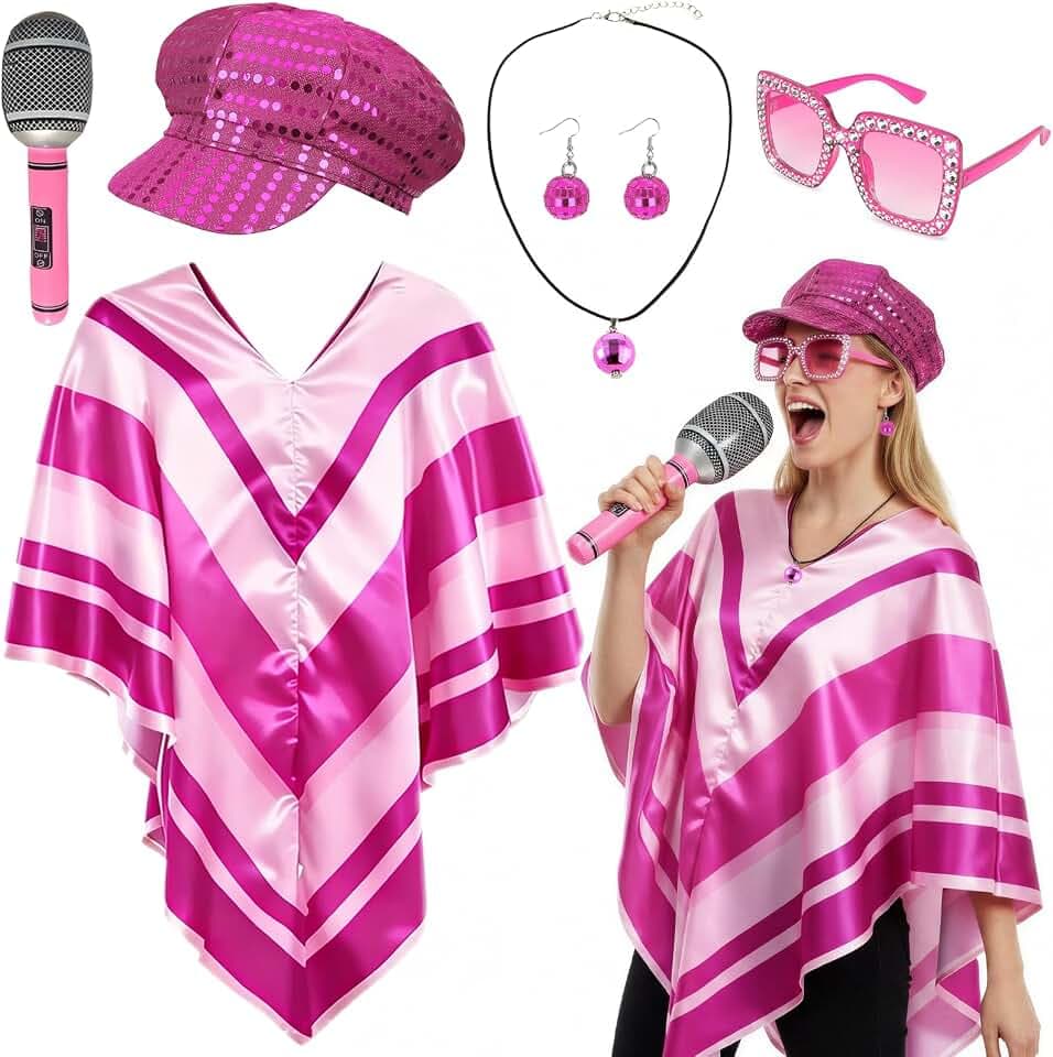 6-teiliges Aba-Outfit für Damen, 70er-Jahre-Kostüm-Set, Disco-Kostüm-Zubehör mit Pop-Poncho-Poncho-Paillettenhut, Sonnenbrille, Ohrringen, Halskette, Mikrofon, 1970er-Disco-Zubehör für