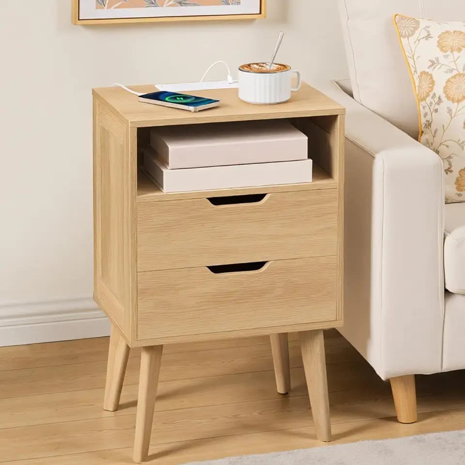 MAHANCRIS Nightstand with Charging Station and 2 Drawers, Bedside Table