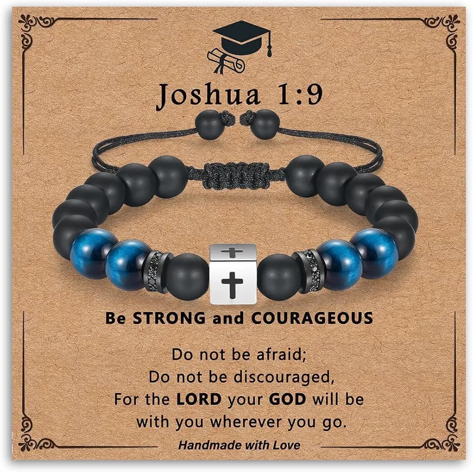Cross Bracelet for Boys Men, Adjustable Beaded Cross Bracelet, Christian Birthday Graduation Back to School First Communion Confirmation Baptism Gifts for Boys Teens Son Grandson Nephew