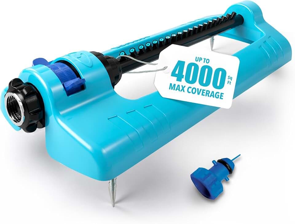Aqua Joe Oscillating Sprinkler with Metal Ground Spike, Adjustable Spray Position Irrigator for 4000 Sq Ft Coverage Compatible with Garden Hoses