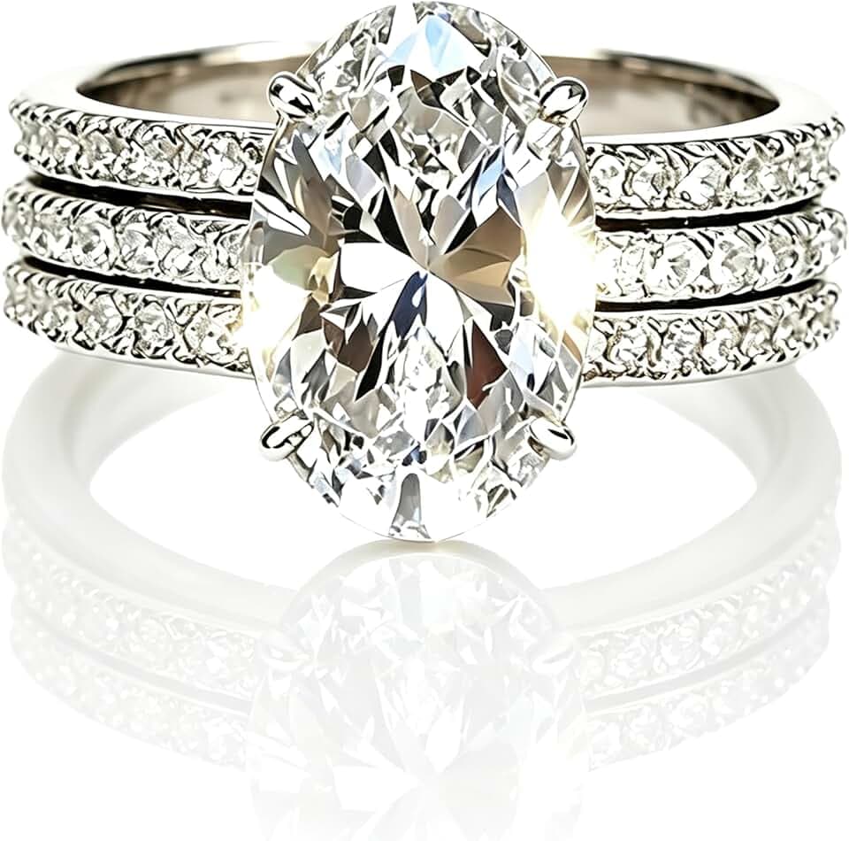 AZQ 925 Sterling Silver Shiny Full Diamond Gemstone Ring 18K Gold 3PCS Oval Cut 3ct Cubic Zirconia Promise Rings CZ Diamond Multi Row Ring Eternity Engagement Wedding Band Ring Sets Z.180 (US Code 7)