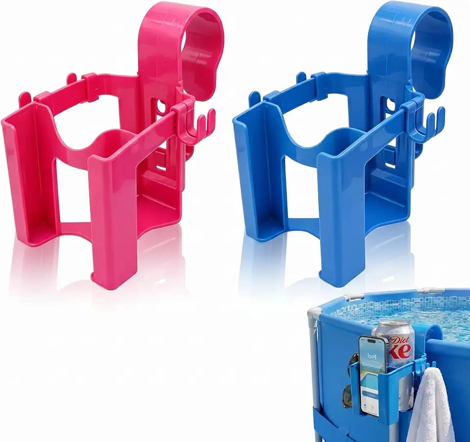 3-in-1 Poolside Cup Holder for Above Ground Pool, Drink Holder with Phone Slot & 5 Hooks, Fits Round Pipes ≤ 1.88", Pool Side Organizer for Sunglasses (Blue 1pc+ Pink 1pc)