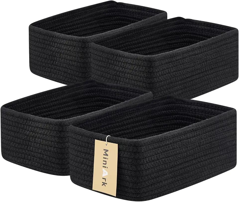 MiniArk Small Storage Baskets for Organizing | Closet Organizer Bins | Shelf Toy Basket | Woven Rope Baskets | Cube Decorative Box | Shallow Basket | 11.5x7.5x4.7” | 4 Packs Black