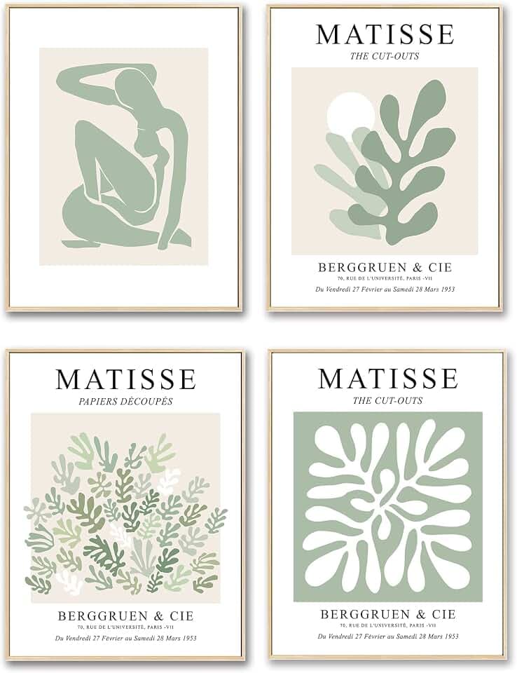 Salbeigrüne Drucke Poster für Schlafzimmer, ästhetische Raumdekoration, 4er-Set, 27,9 x 35,6 cm Matisse-Wandkunstdrucke, Wohnzimmer, Schlafzimmer, Badezimmerdekoration (salbeigrün, 27,9 x 35,6 cm)