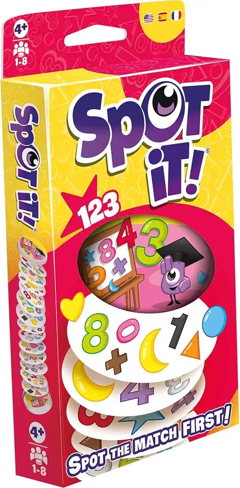 Asmodee Spot It! 1,2,3 (2024 Refresh) - Eco-Blister Edition, 5-in-1 Visual Perception Game for Quick Reflexes and Family Fun, Ages 6+, 2-8 Players, 10 Minute Playtime