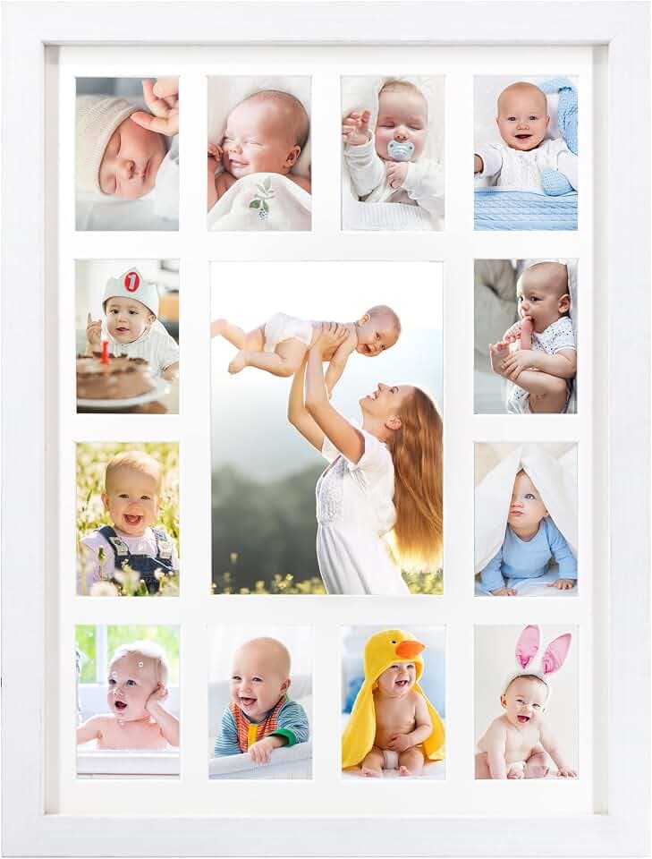 FramePro Bilderrahmen für das erste Jahr des Babys, in weißem Rahmen mit Passepartout, zeigt ein 12 x 17 cm großes Foto und zwölf 6 x 8 cm große Bilder