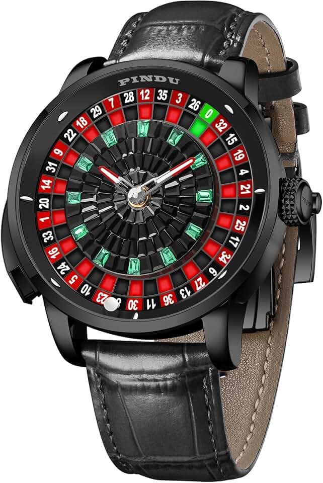 PINDU 1.8 Inches Roulette Wheel Automatic Watches for Men, NH35A Movement Design Button Control, Sapphire Glass Automatically 50M Waterproof Mens Unique American Style Roulette Watch, Mechanical Watch for Game Night