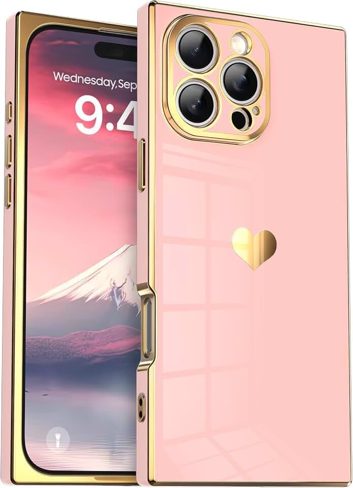 Case for iPhone 14 Pro Max - Rectangle Design, Full Camera Protection, Cute Heart Pattern, Electroplated Reinforced Corners, Shockproof Edge Bumper,Compatible with iPhone 14 Pro Max,Pink
