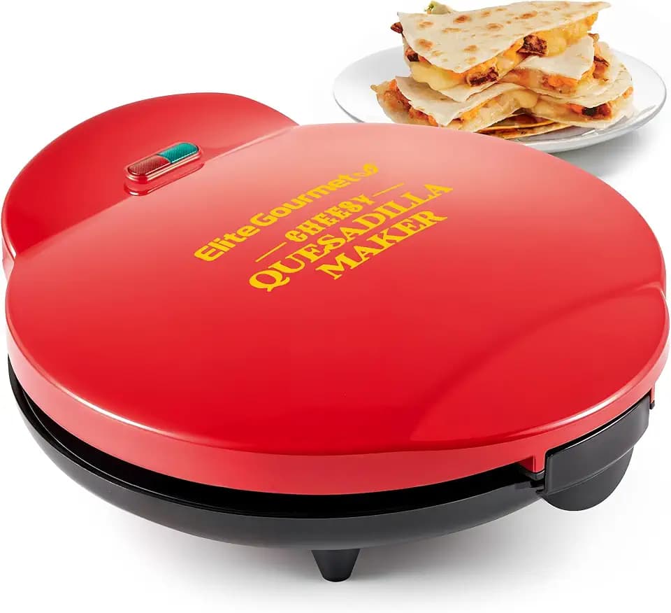 Elite Gourmet 10.65" Cheesy Quesadilla Maker, 2-Position Locking Latch, Red