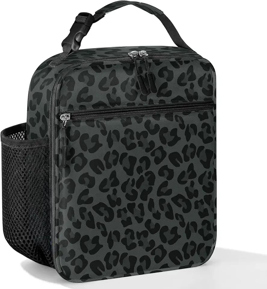 WOBAGMEN Lunch Box for Kids, Cute Waterproof Insulated Lunch Bag, Lightweight, Durable, Easy-to-Clean Lunch Bag with Water Bottle Snacks, for Boys Girls, School, Picnic, Travel (Black Leopard, M)