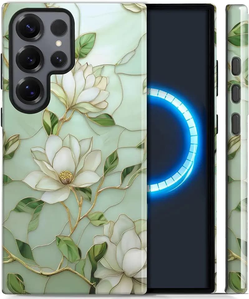 Case for Samsung Galaxy S24 Ultra Magnetic Case [Compatible with MagSafe],Double-Layer Soft TPU and Hard PC Shockproof Scratch-Resistant, Suitable for Men, Women -Green Floral