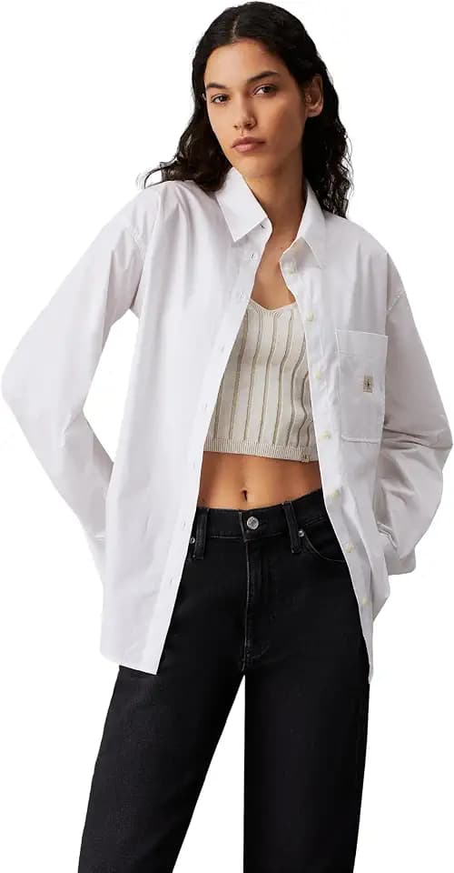 Calvin Klein Damen Hemd Woven Label Relaxed Fit, Weiß (Bright White), S