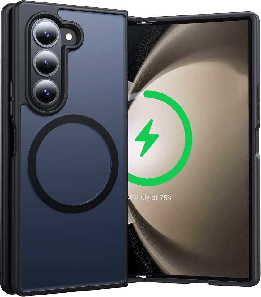[NO.1 Magnetisch Ständer für Samsung Galaxy Z Fold 5 Hülle mit Mag-Safe [Magnet Unsichtbar Halterung] [Militärschutz] [Translucent Matt Hardcase] mit Silikon Bumper Dünn Handyhülle, Schwarz