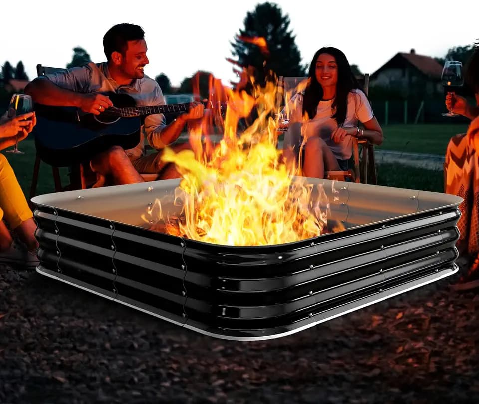 Height 11.5 Inch, Square Galvanized Steel Fire Pit for Outside, Heavy Duty Steel Fire Pit In-Ground for Backyard, Camping, Bonfire, Flower Raised Garden Bed for Garden (4X4X1 FT)