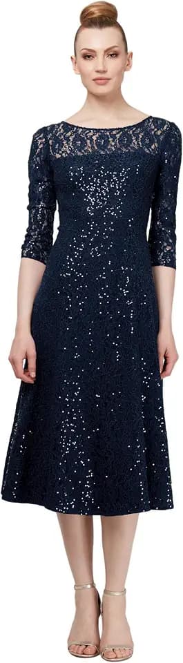 S.L. Fashions Women's Tea Length Three Quarter Sleeve Sequin Lace Dress