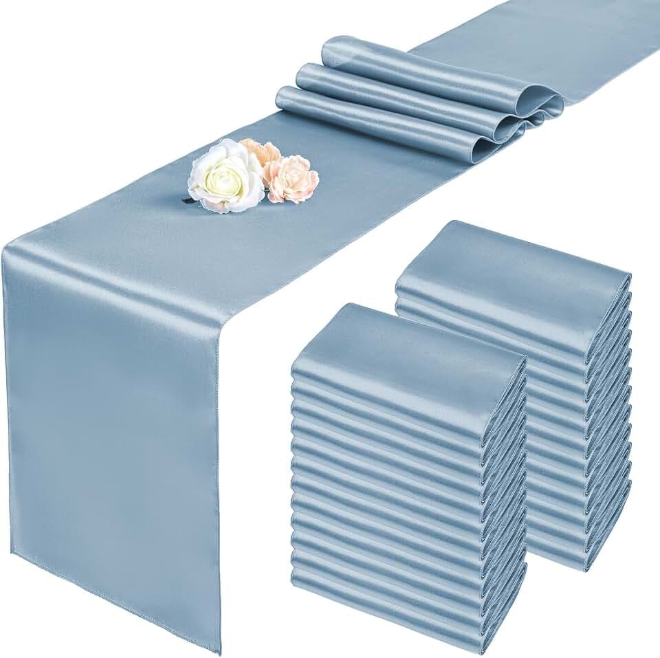24 Pack Dusty Blue Satin Table Runners 12 x 108 Inch Long Table Runners for Rectangle Round Tables, Smooth Satin Table Runner for Wedding,Birthday Party Banquets Graduation Engagements Decoration