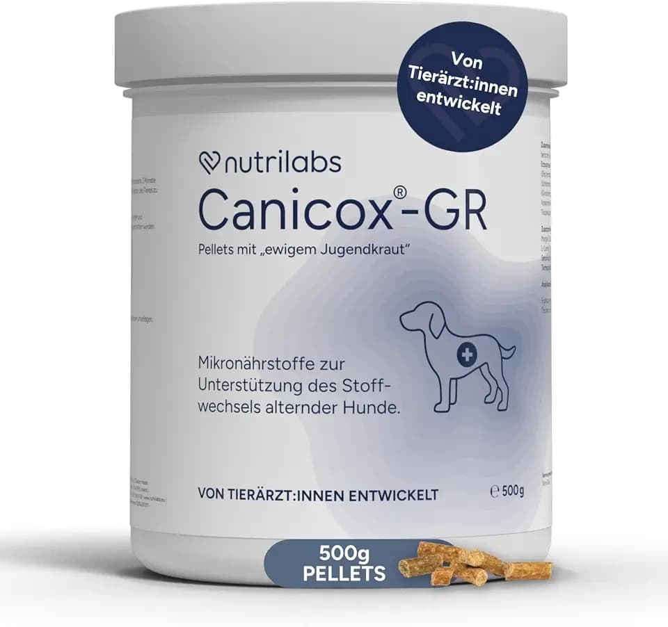 NutriLabs Canicox®-GR Nahrungsergänzung für Senioren-Hunde 500 g - Pellets für Senioren-Hunde mit MSM, Chondroitin, Glucosamin, Ginseng, Weißdorn u.v.m. - Gesundheitsprodukte für Hunde