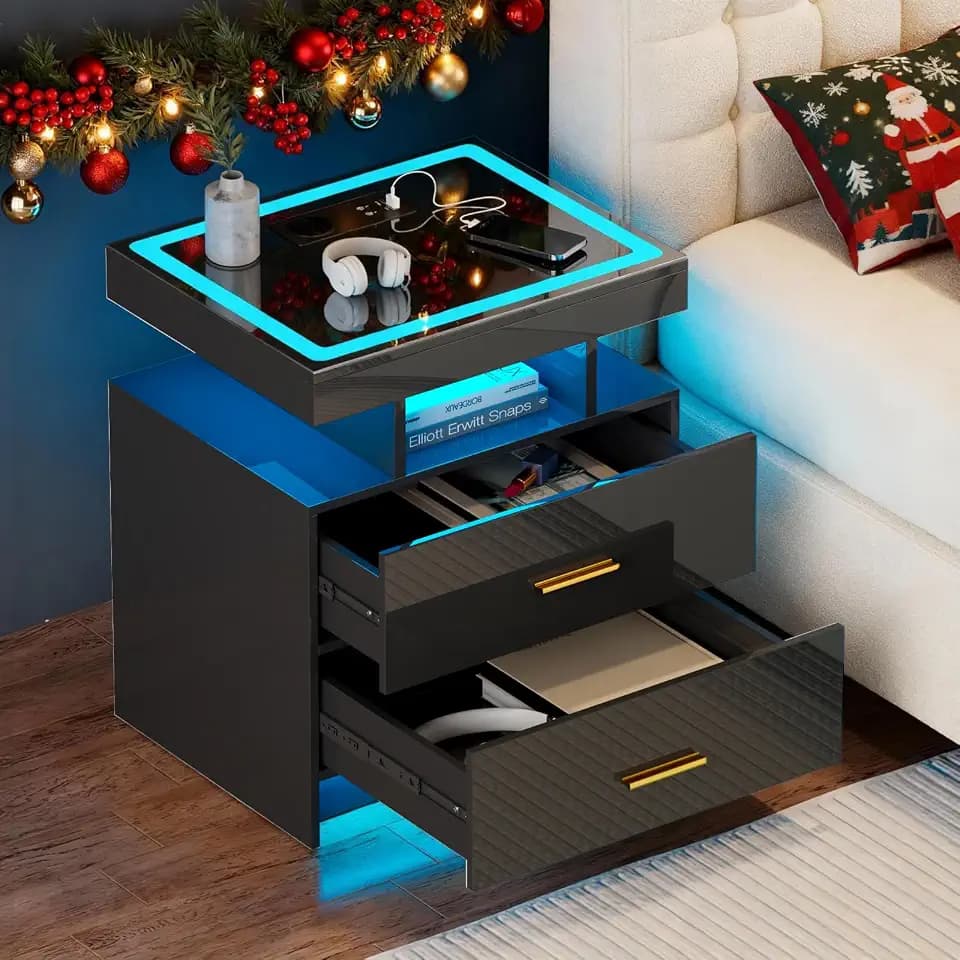 Gurexl LED Nachttisch mit Glasdach und Bewegungsmelder,Schwarz
