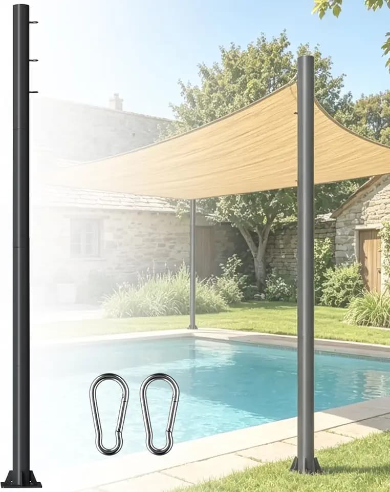 12ft Sun Shade Sail Pole – Diameter 3in Thickness Heavy Duty Thick Steel Post Kit with Carabiner Hooks, for Outdoor Canopy, Light String, Patio