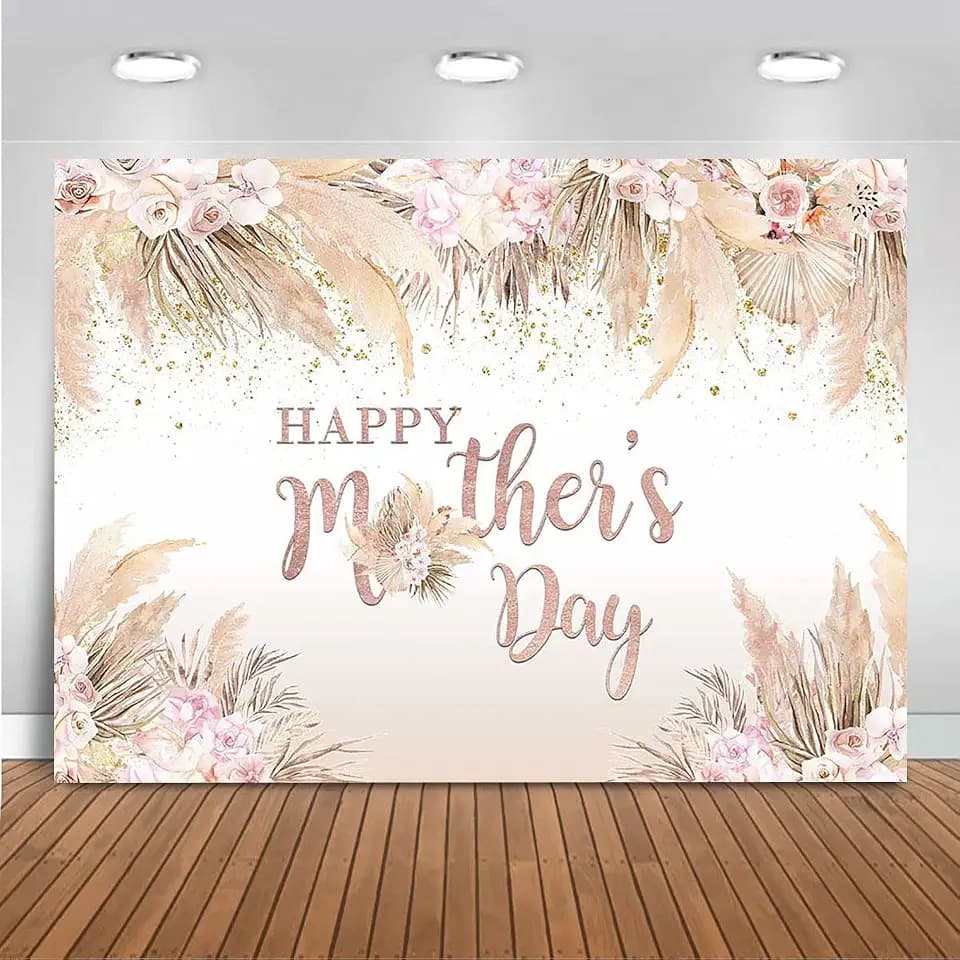 Mocsicka Happy Mother's Day Backdrop Boho Chic Pink Flowers Mothers Day Birthday Background for Women Bohemian Pampas Grass Mom's Day Party Cake Table Decorations Photo Booth (8x6ft)