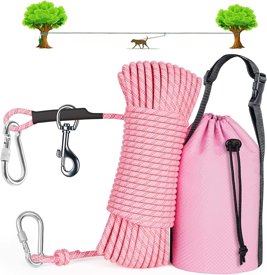 Tresbro Dog Camping Leash, 50ft/75ft/100ft Trolley System for Dogs up to 300lbs, Portable Lightweight Dog Runner Lead for Yard, Reflective Tie Out Cable for Camping, Courtyard, Park, Outside