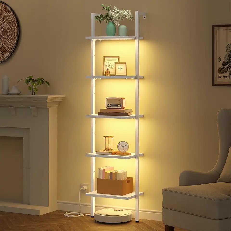 Tajsoon 5 Tier Ladder Bookshelf with Light, Wall Mount Ladder Shelf White