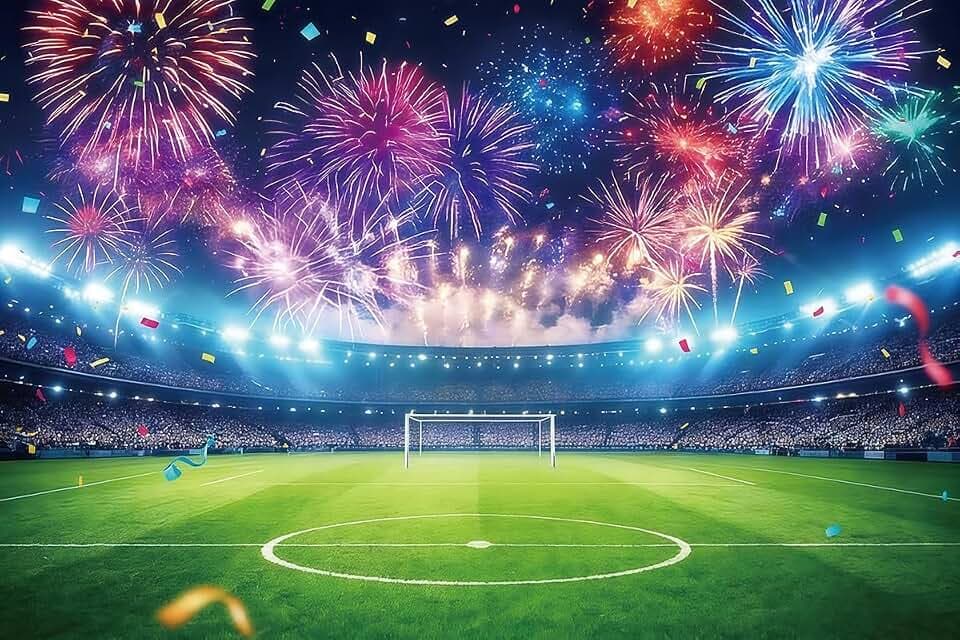 10x8ft Soccer Backdrop 2026 Football Field Colorful Fireworks Photography Background Soccer Sports Themed Celebration Birthday Party Decorations Banner Photo Booth Props