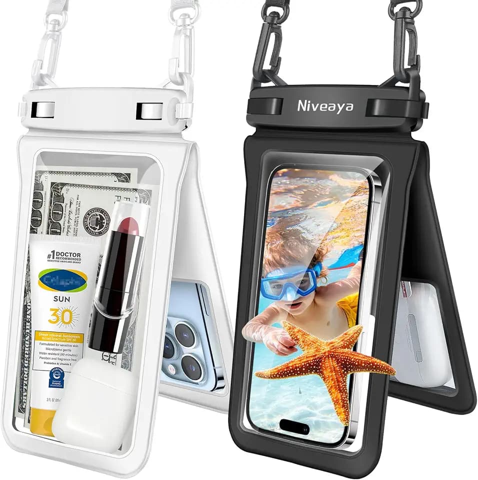 Niveaya Double Space Waterproof Phone Pouch - 2 Pack, Waterproof Phone Lanyard Case with iPhone 17/16/15/14/13 Pro Max up to 8.3", Phone Dry Bags for Vacation Beach Pool Kayak Cruise Travel Essentials